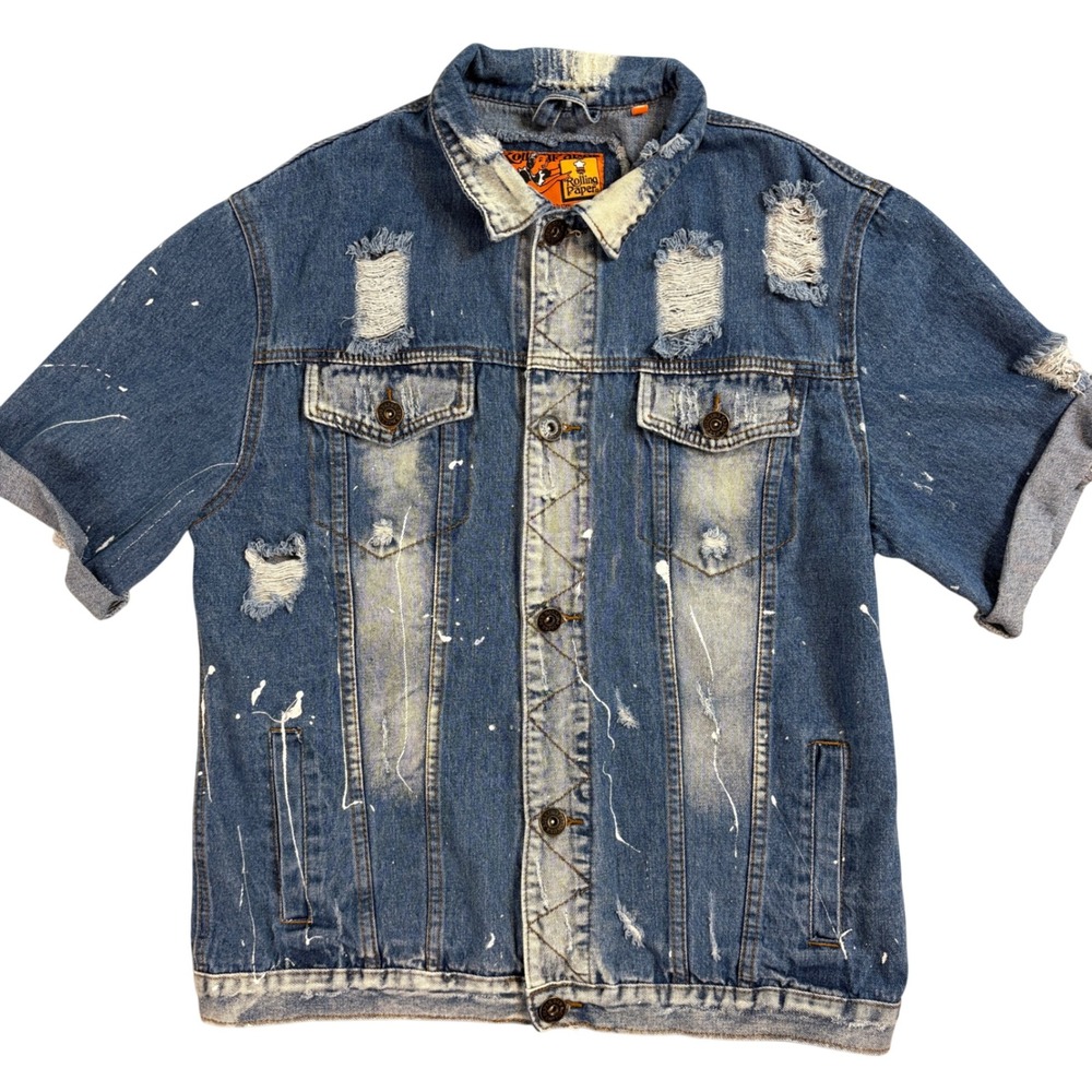 Rolling Paper Denim Jacket Distressed Paint Splatter Short Sleeve Mens Large